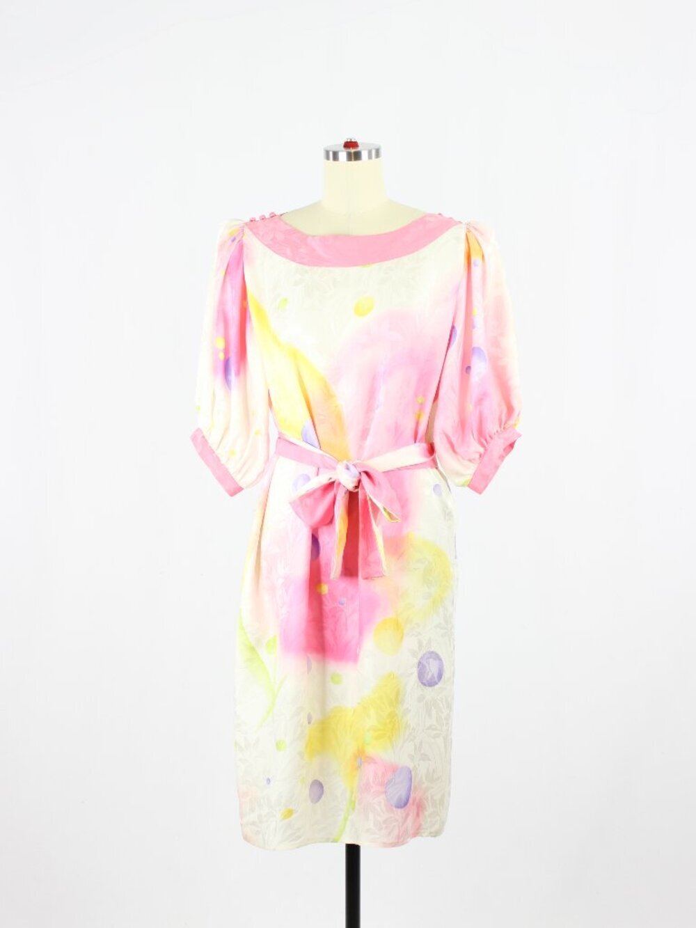 Vintage 80's FLORA KUNG Ivory Pink 100% Silk Belted Puff Sleeve Dress, Size 12